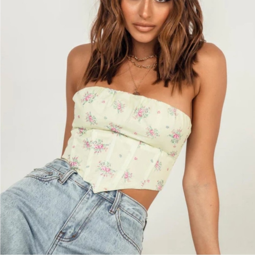 NWOT Princess Polly Ivy Bustier Yellow Floral Size 6 Strapless Cropped